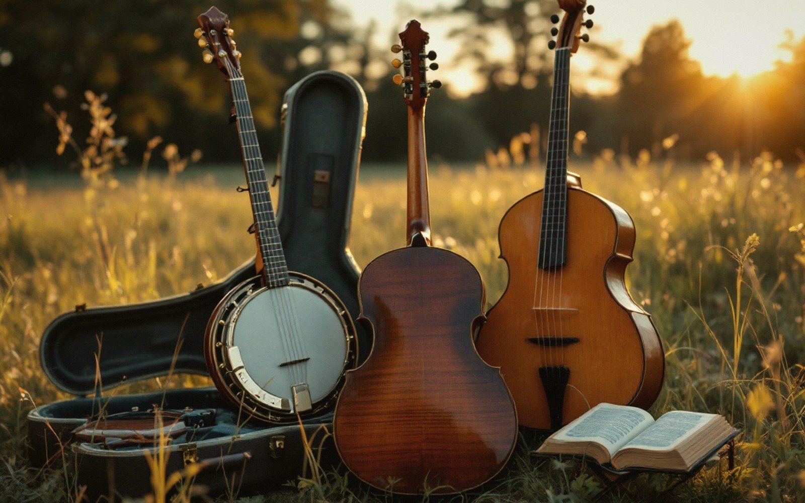 Banjo, mandolin and violin stand upright in a grassy field beside an open book at sunset