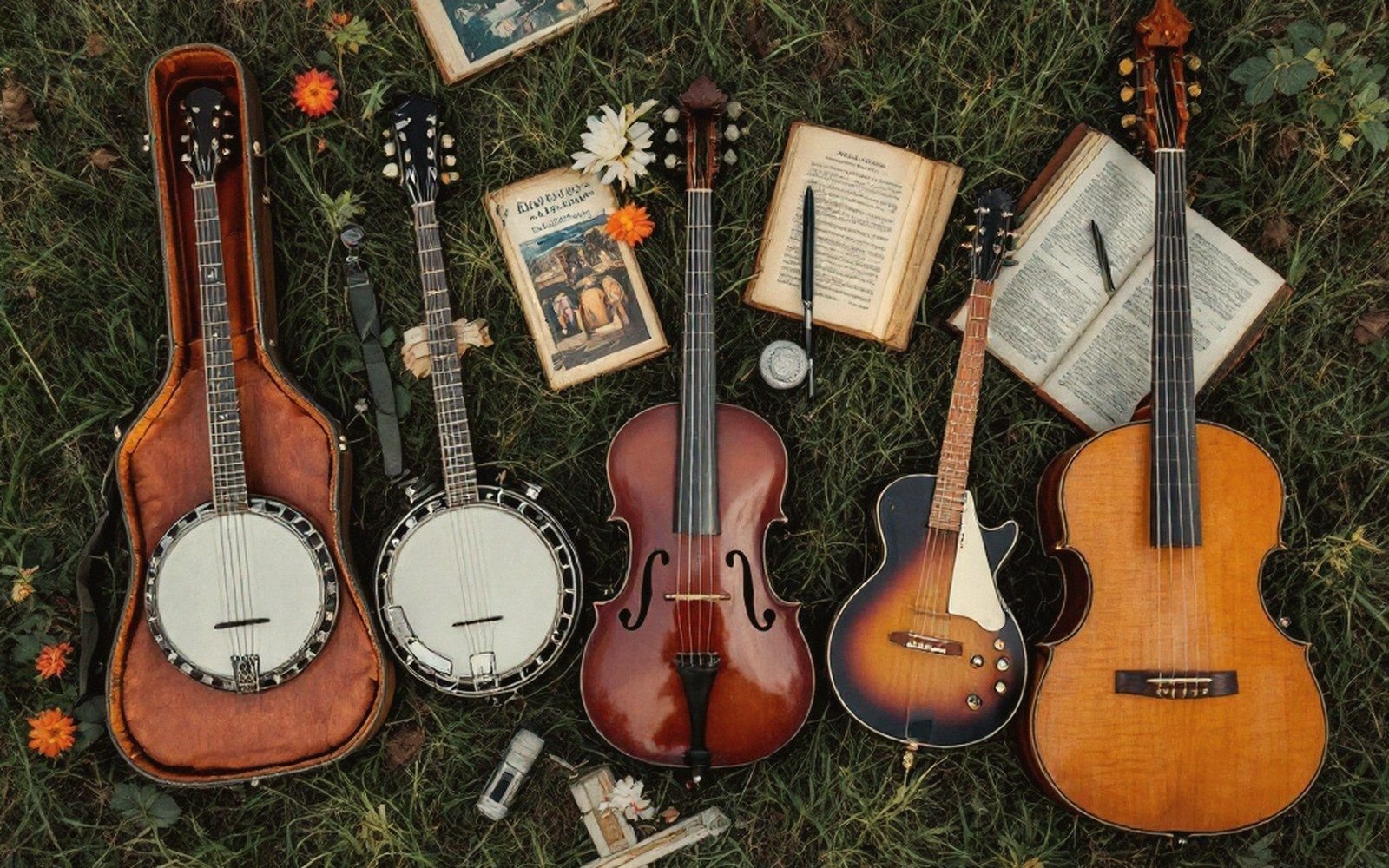 Banjos, a violin, an electric guitar and an acoustic guitar laid across grass with open books