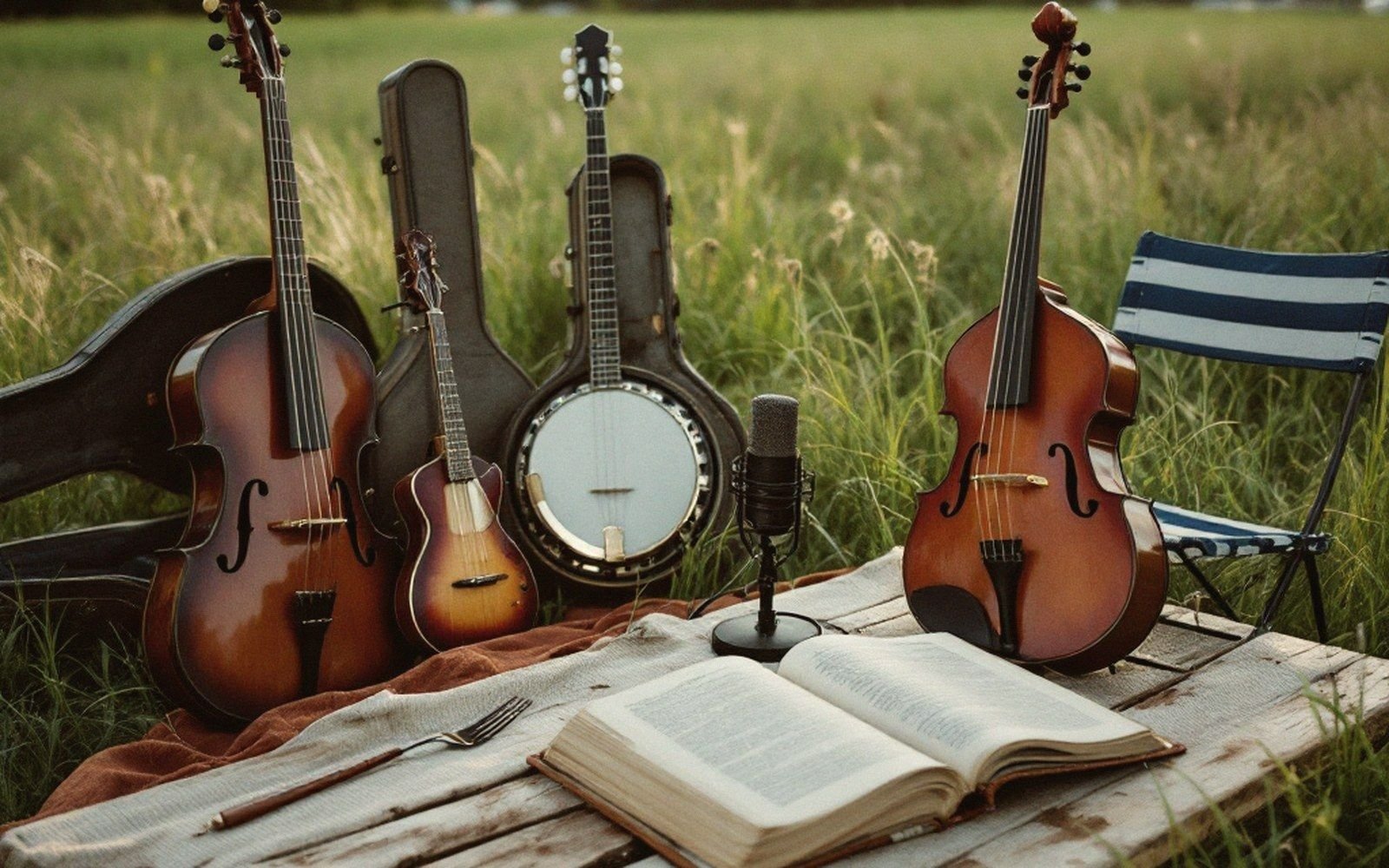 Violin, guitar and banjo lean against cases beside a microphone and open book in a field