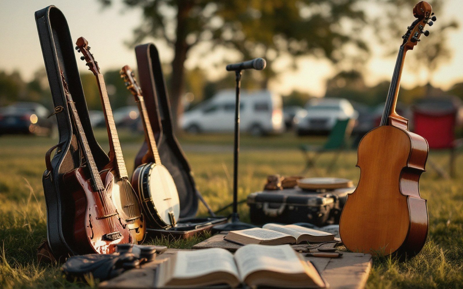 Guitars, banjo, cello and a microphone stand set up on grass with open songbooks
