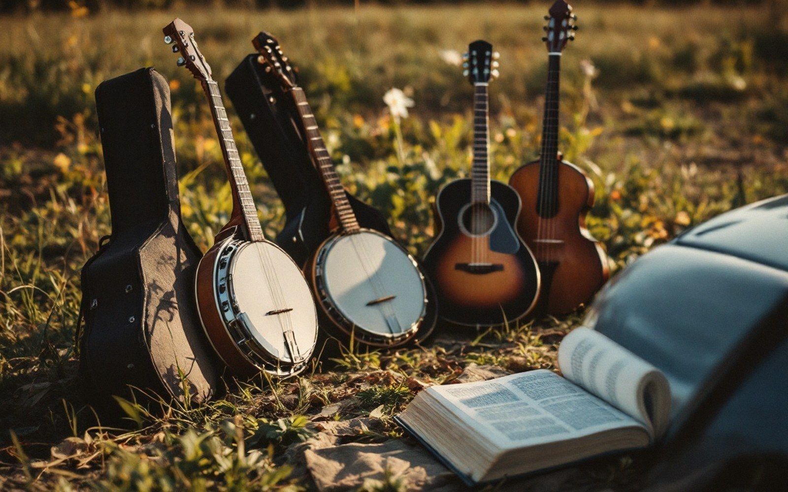 Banjos and acoustic guitars stand upright in a grassy field beside an open book