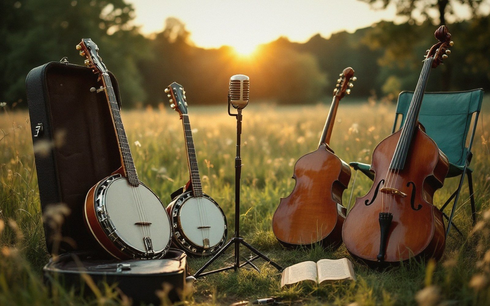 Banjos, a double bass and a vintage microphone stand arranged in a sunlit meadow