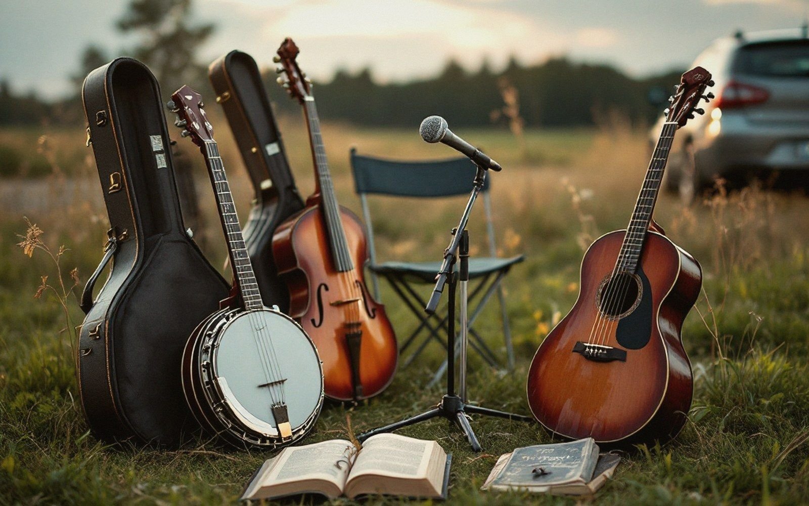 Banjo, upright bass and acoustic guitar rest against cases beside a microphone stand in a field
