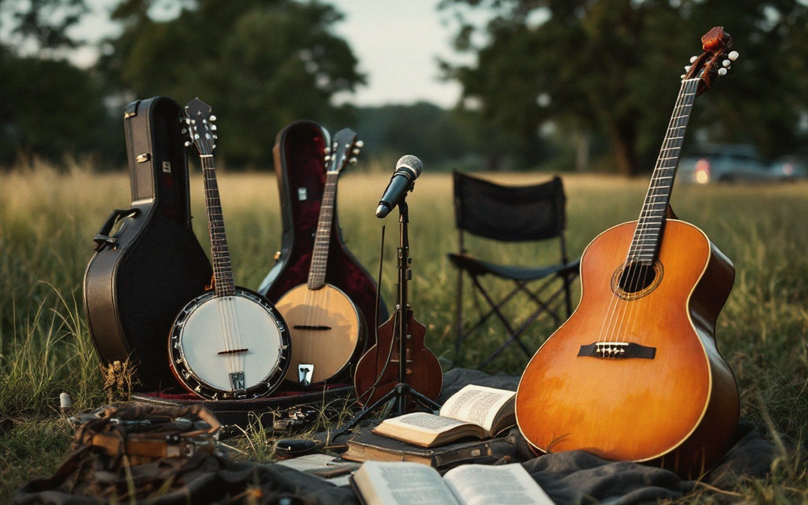 Guitar, banjo, mandolin and microphone stand set up on a grassy field