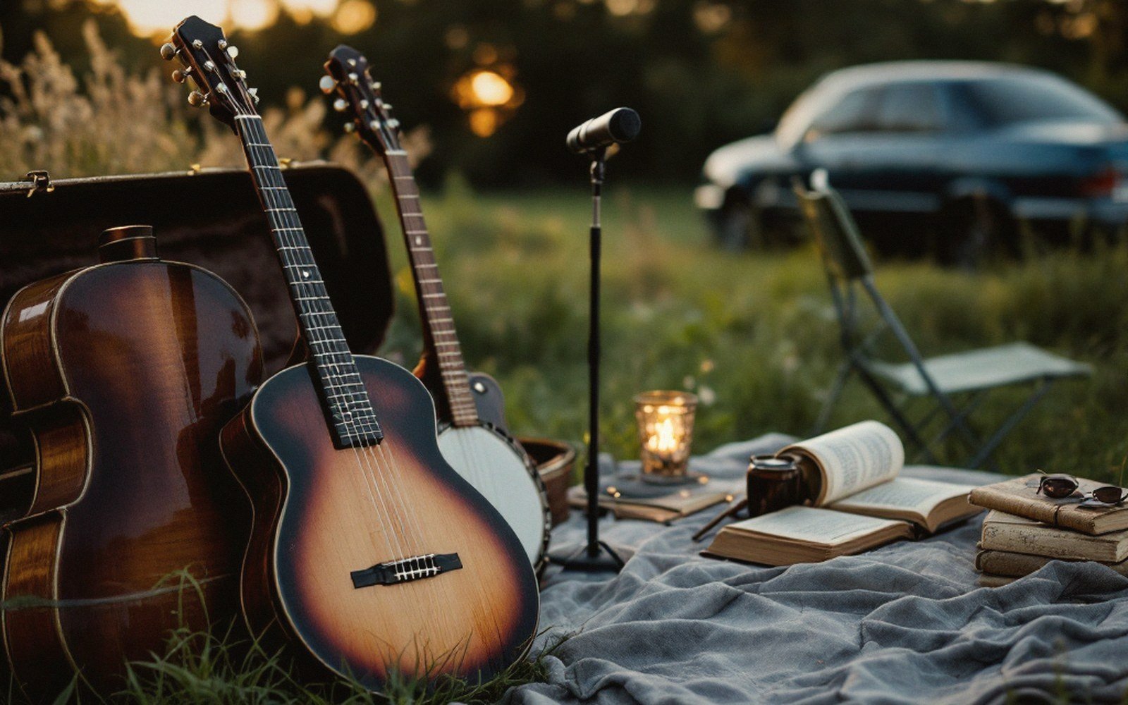 Guitar and banjo leaning against open cases beside a microphone, candle, and open books on a blanket