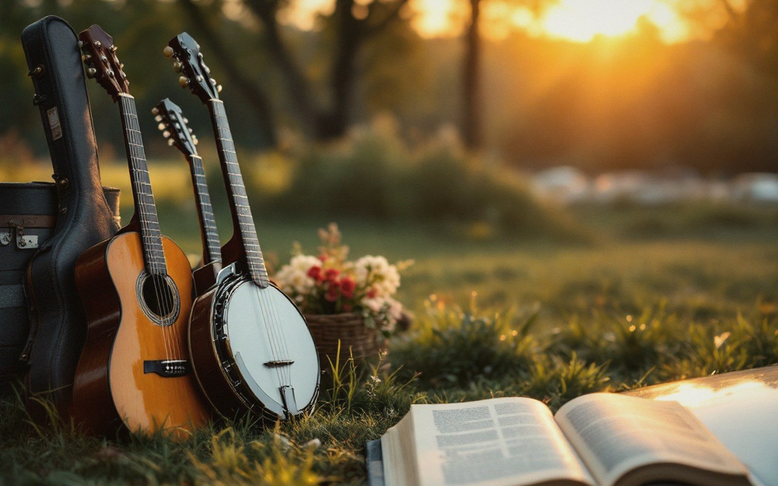 Guitar and banjo leaning against a case in a grassy field at sunset