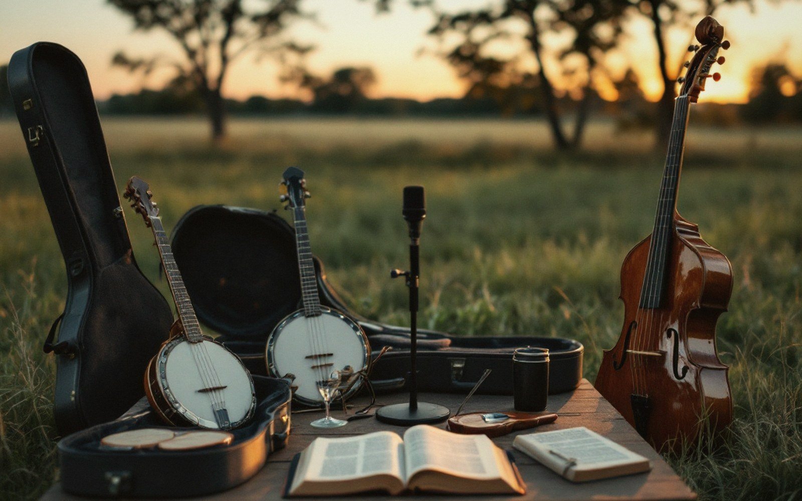 Banjos, an upright bass, a microphone and open books set on a table at dusk