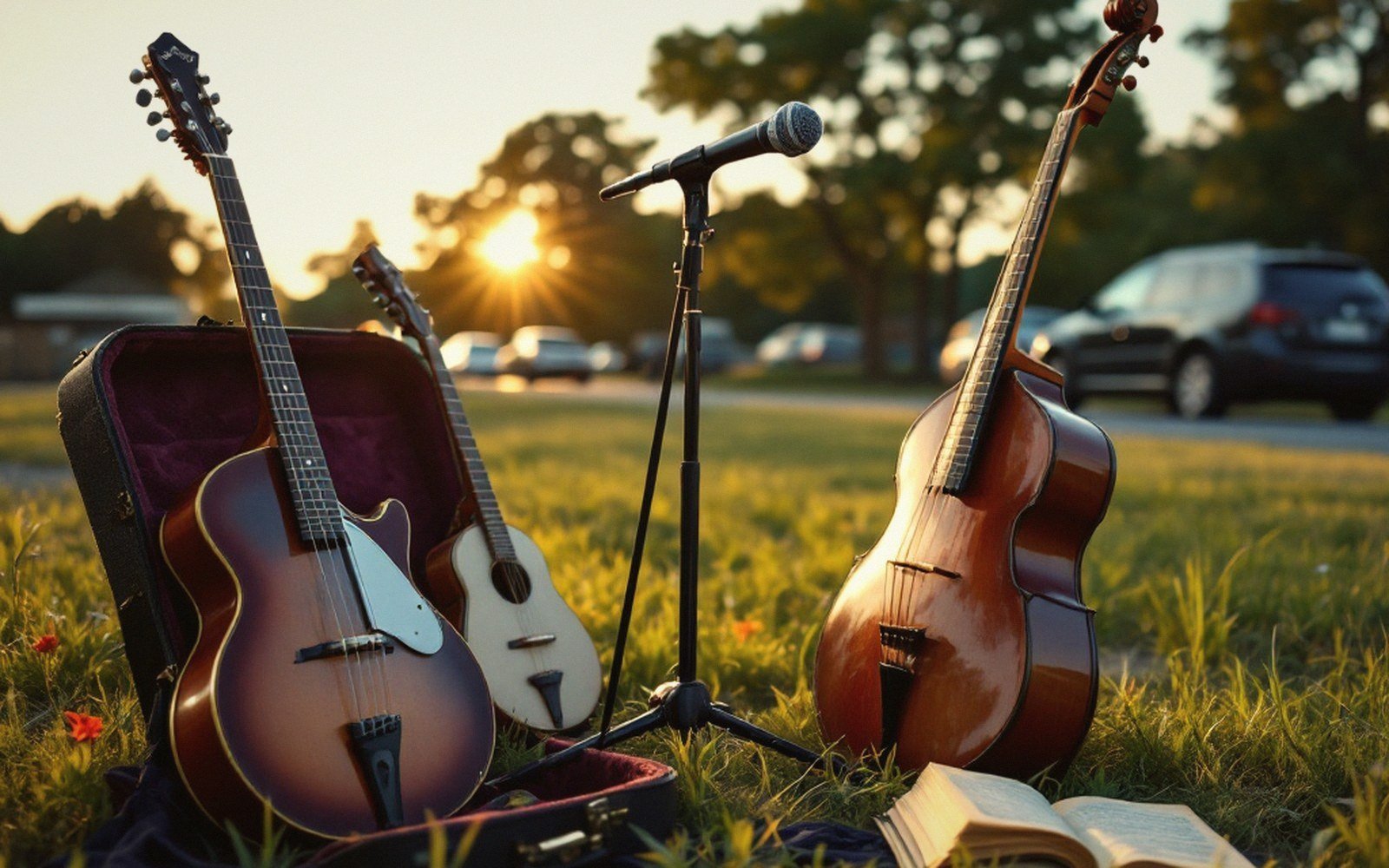 Guitars and a double bass rest in grass beside a microphone stand at sunset