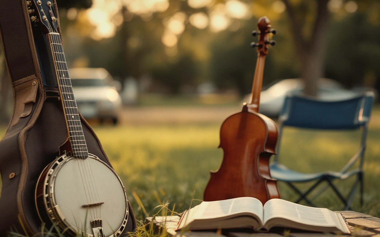 A banjo and fiddle stand upright beside an open book on outdoor grass