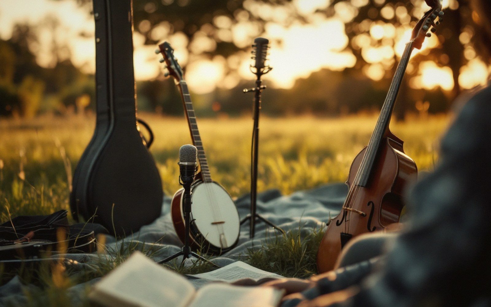 Banjo, upright bass, guitar case and microphone set up on a blanket in a field at sunset