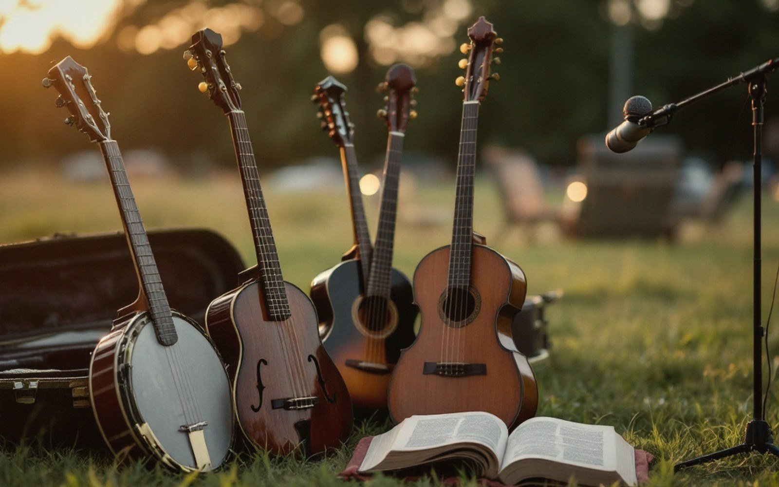 A banjo and several guitars stand upright in grass beside an open book and microphone