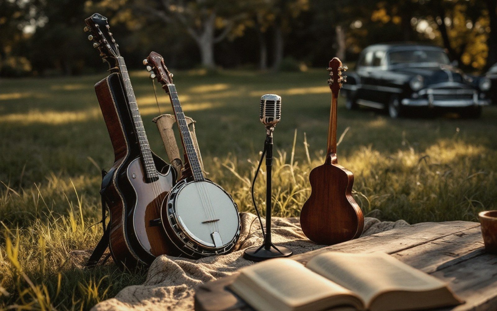 Guitars, a banjo, and a vintage microphone stand in a grassy field near a classic car