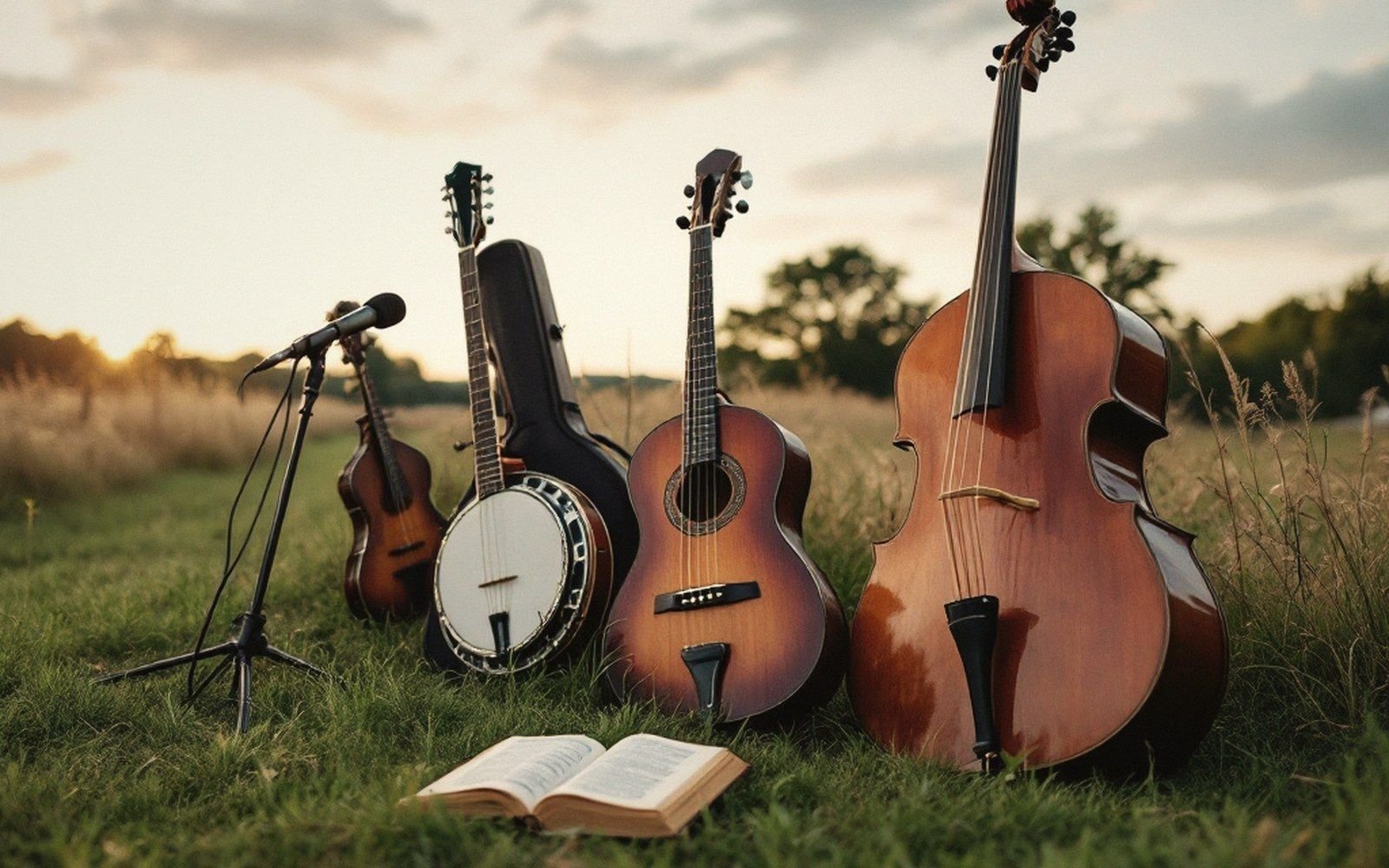 A microphone stand, banjo, guitar, upright bass and open book stand in a grassy field