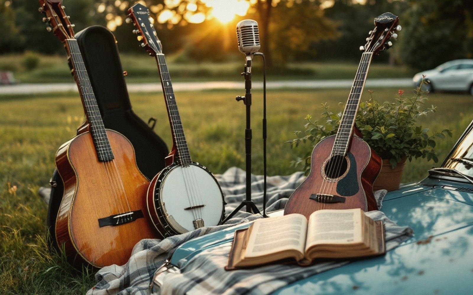 Guitars, a banjo and a vintage microphone stand around an open book at sunset