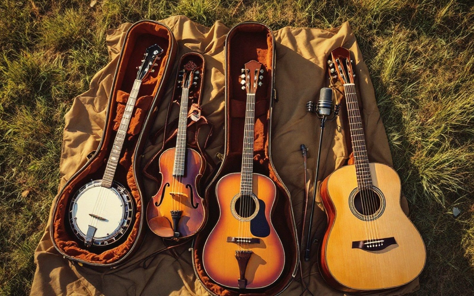 Banjo, violin, and two acoustic guitars laid in open cases beside a microphone stand on grass